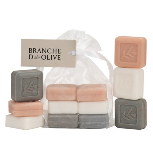 Branche d'Olive soap shown bagged & tagged Guest Soaps (6x25g) two each of Cloud Lily/Valley & Rose with unbagged samples either side