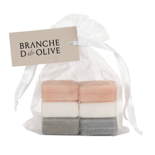 Branche d'Olive soap shown bagged & tagged Guest Soaps (6x25g) two each of Cloud Lily/Valley & Rose