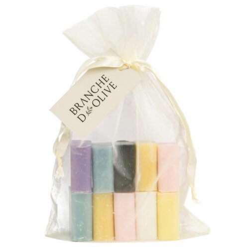 Ten small Branche d'Olive Soaps of mixed fragrances in a cream drawstring bag