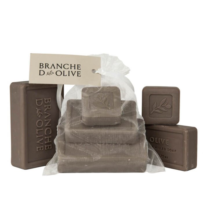 Branche d'Olive Grey Olive Soap Steps, three sizes of soap stepped on each other bagged and tagged with display Grey Olive Soap as a backdrop