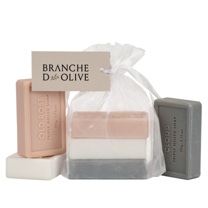 Branche d'Olive soap shown bagged & tagged Guest Soaps (3x50g) Cloud Lily/Valley & Rose with unbagged samples either side