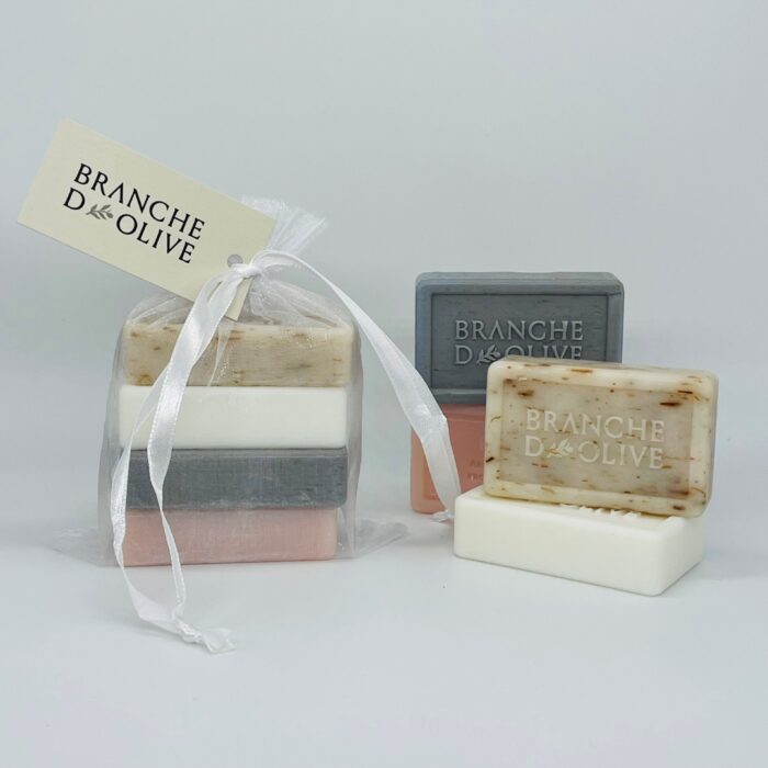 Branche d'Olive pack of four 50g soaps, Old Rose, Cloud, Muguet(lily of the Valley) and White Lavender all bagged in voile with a BdO hanging tag