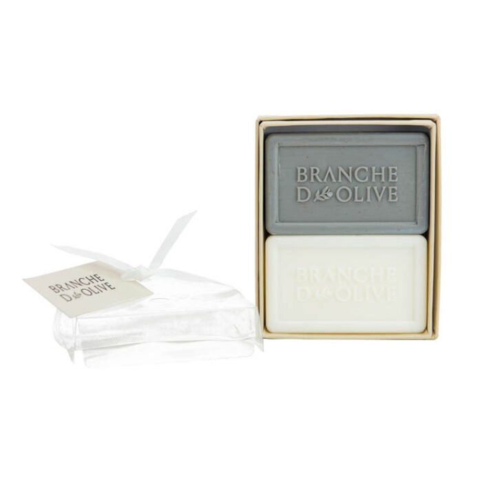 Branche d'Olive boxed french triple milled soap 2x100g Cloud & Muguet (Lily of the Valley) with lid, ribbon and tag sitting beside