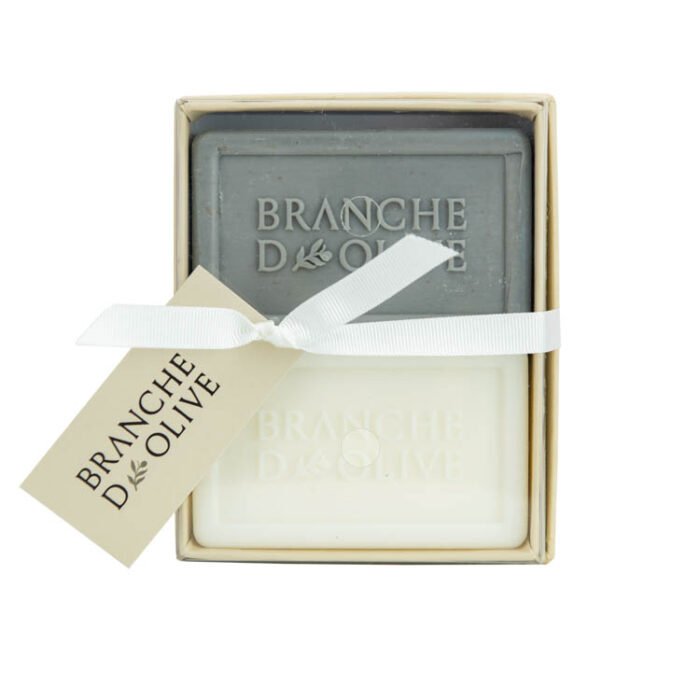 Branche d'Olive boxed french triple milled soap 2x100g Cloud and Lily of the Valley with ribbon and tag