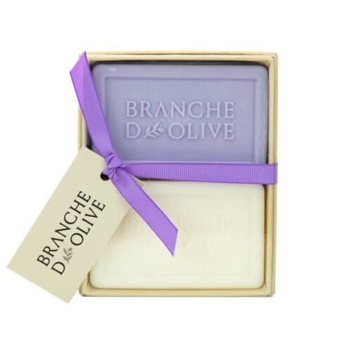 Branche d'Olive boxed french triple milled soap 2x100g Mauve Lavender and Lily of the Valley with ribbon and tag