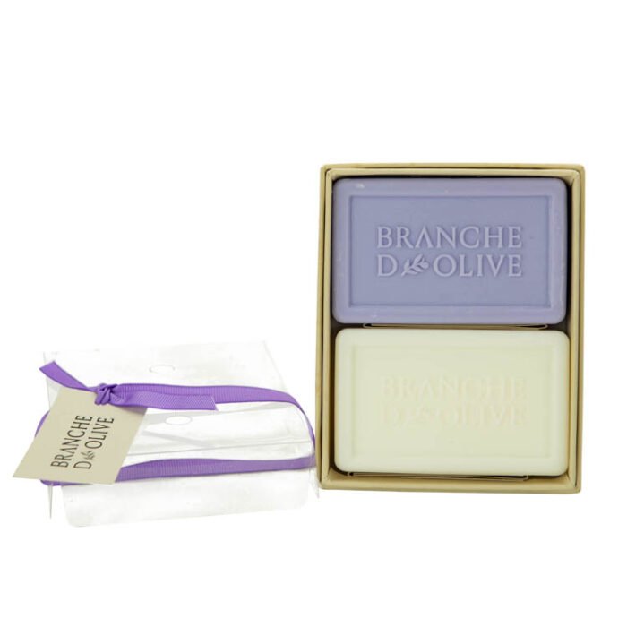 Branche d'Olive boxed french triple milled soap 2x100g Mauve Lavender & Muguet (Lily of the Valley) with lid, ribbon and tag sitting beside