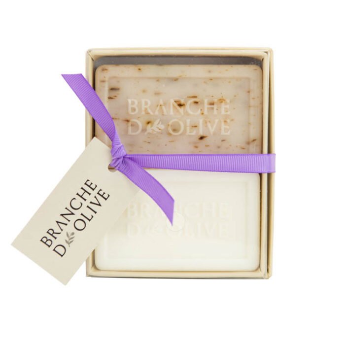 Branche d'Olive boxed french triple milled soap 2x100g White Lavender and Lily of the Valley with ribbon and tag