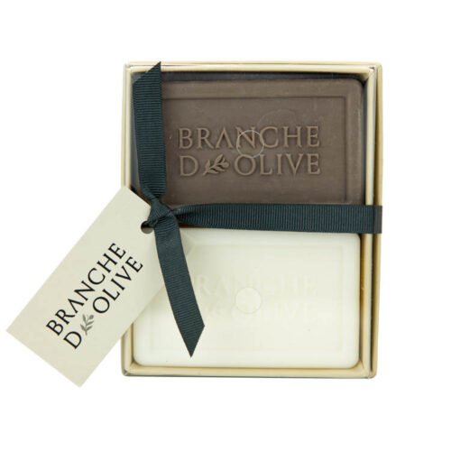 Branche d'Olive boxed french triple milled soap 2x100g Grey Olive and Lily of the Valley with ribbon and tag