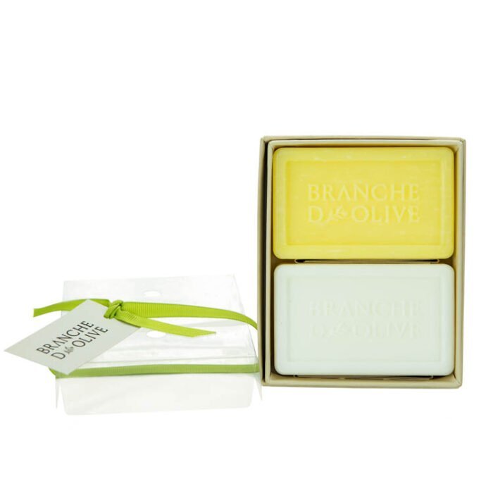 Branche d'Olive boxed french triple milled soap 2x100g Verbena & Muguet (Lily of the Valley) with lid, ribbon and tag sitting beside