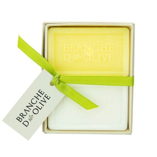 Branche d'Olive boxed french triple milled soap 2x100g Verben and Lily of the Valley with ribbon and tag