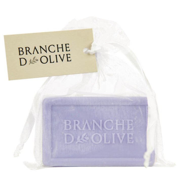 Branche d'Olive Mauve Lavender luxury soap bagged in ivory voile and tagged with a Branche d'Olive branded tag