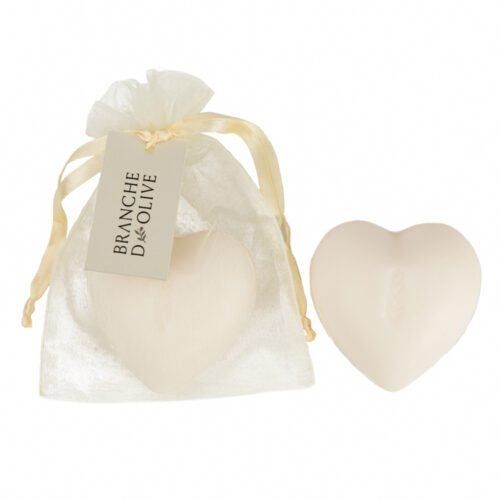 Heart-shaped Branche d'Olive Lily of the Valley Soap in a cream drawstring bag