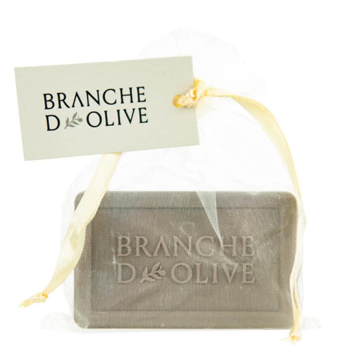 Branche d'Olive Grey Olive luxury soap bagged in ivory voile and tagged with a Branche d'Olive branded tag