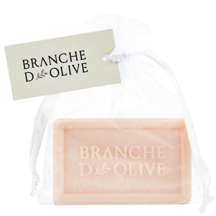 Branche d'Olive Old Rose luxury soap bagged in ivory voile and tagged with a Branche d'Olive branded tag