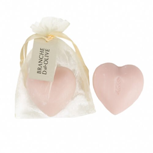 Heart-shaped Branche d'Olive Rose Soap in a cream drawstring bag
