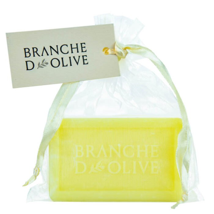 Branche d'Olive Verbena luxury soap bagged in ivory voile and tagged with a Branche d'Olive branded tag