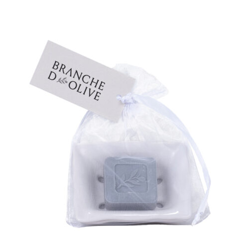 Two layered white ceramic draining soap dish with Cloud 25g soap in a voile bag with tag.