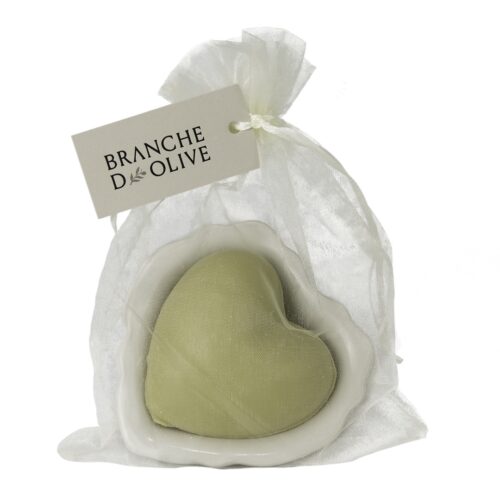 Branche d'Olive signature fragrance, Garrigue, Heart Soap bagged and tagged with a white heart shaped draining soap dish wrapped in a voile bag and set against a white back drop