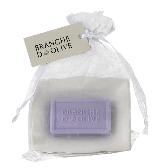 Bagged in white voile with a Branche d'Olive hanging tag, a white ceramic soap dish with a mauve lavender soap