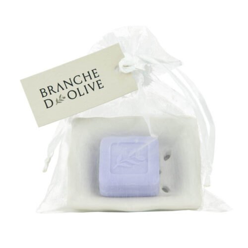 Branche d'Olive Small Draining Soap Dish with Mauve Lavender Soap bagged in voile