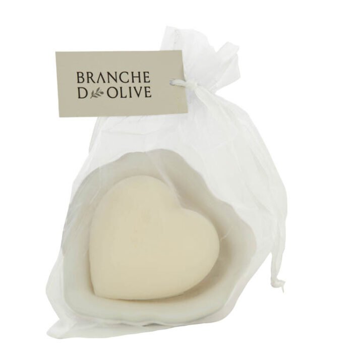 Heart Branche d'Olive Muguet Soap in a draining soap dish wrapped in a voile bag