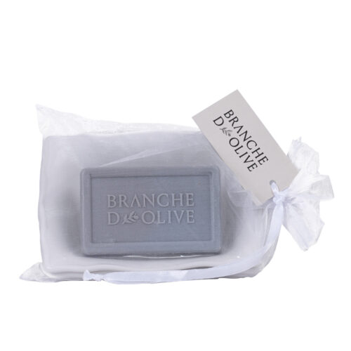 Two layered white ceramic draining soap dish with Cloud 100g soap in a voile bag with tag.
