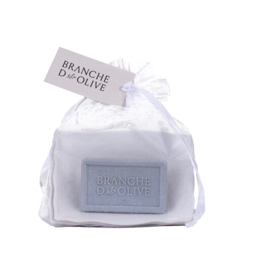 White ceramic two layered draining soap dish with 50g Cloud soap in a voile bag with tag.