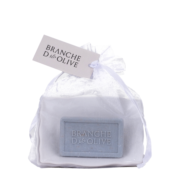 White ceramic two layered draining soap dish with 50g Cloud soap in a voile bag with tag.