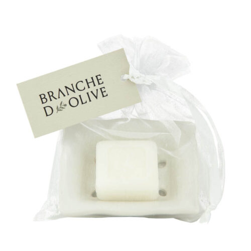 Branche d'Olive small draining soap dish bagged in voile with Lily of the Valley 25g soap and tagged.