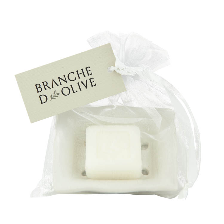 Branche d'Olive small draining soap dish bagged in voile with Lily of the Valley 25g soap and tagged.