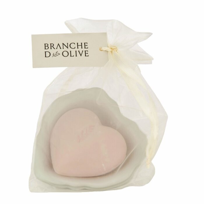 Branche d'Olive Heart Shaped Rose Soap with Draining Soap Dish in a decorative sheer voile bag with satin drawstring