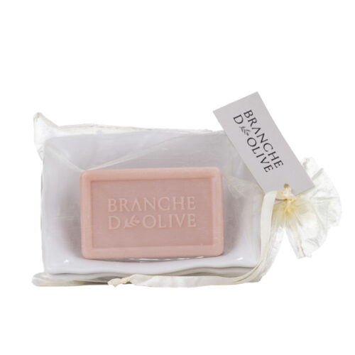 Branche d'Olive large draining soap dish bagged and tagged with 100g Rose soap.