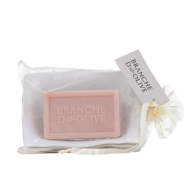 Branche d'Olive large draining soap dish bagged and tagged with 100g Rose soap.