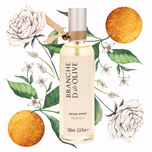Branche d'Olive Neroli Room Spray surrounded by decorative hand-painted flowers, leaves and foliage.