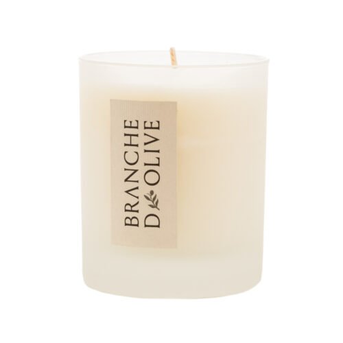 Branche d'Olive Soya candle in white frosted glass with Branche d'Olive branding