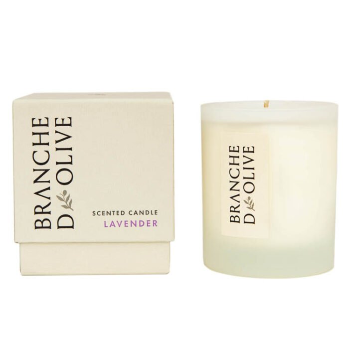 Branche d'Olive Lavender boxed candle showing box with candle beside