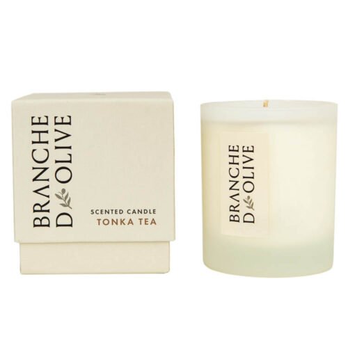 Branche d'Olive Tonka Tea boxed candle shown with box and candle side by side