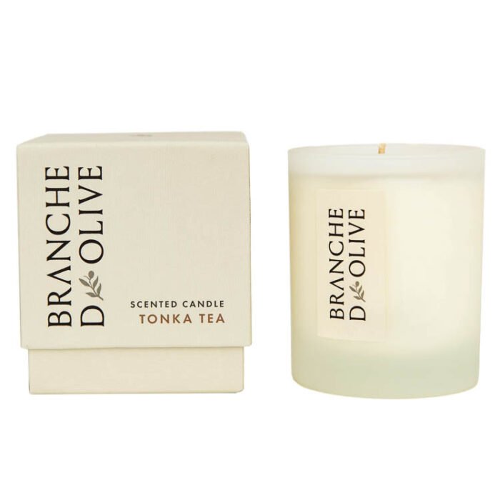 Branche d'Olive Tonka Tea boxed candle shown with box and candle side by side