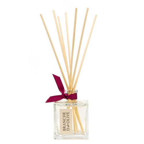 Branche d'Olive Mellow Fig scented Room Diffuser with Burgundy neck ribbon shown against a white background.