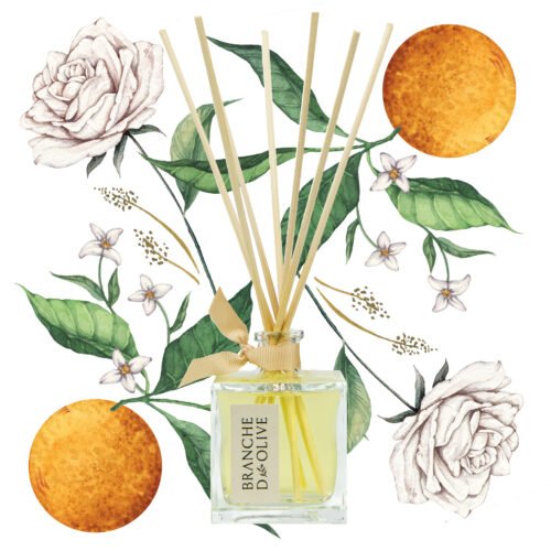 Branche d'Olive Neroli diffuser surrounded by decorative hand-painted flowers, leaves and foliage.