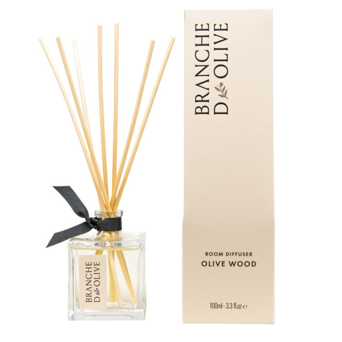 Branche d'Olive Room Diffuser in Olive Wood fragrance shown unboxed beside a box as a product image.