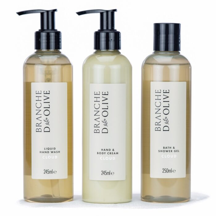 Branche d'Olive Cloud Liquid Hand Wash, Hand & Body Cream and Bath & Shower Gel in environmentally-friendly bottles