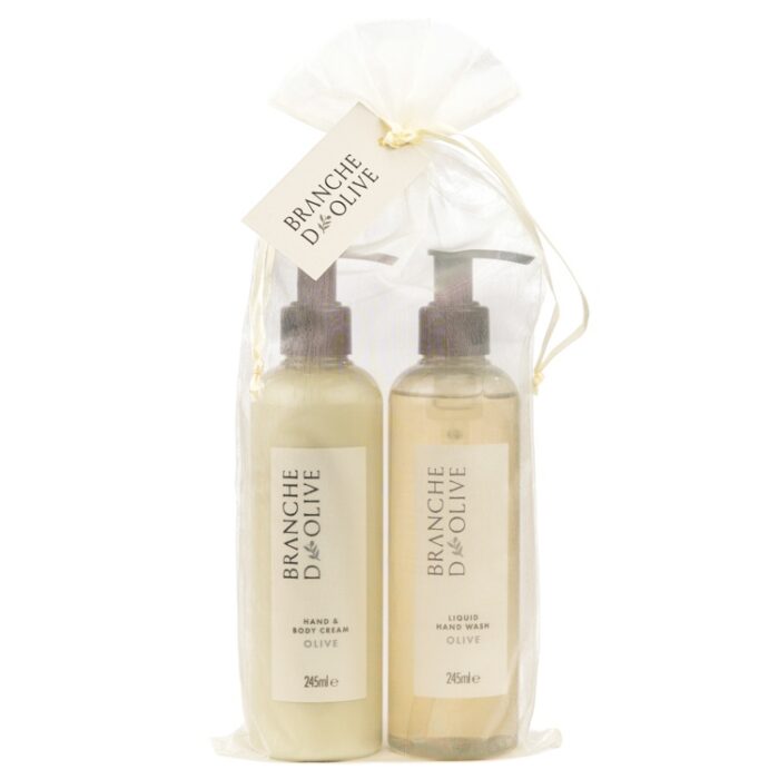 Branche d'Olive Olive Hand & Body Cream and Liquid Hand Wash packaged in a sheer voile bag with satin drawstring.