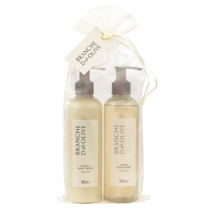 Branche d'Olive Olive fragrance Hand & Body Cream and Liquid Hand Wash in a cream organza bag
