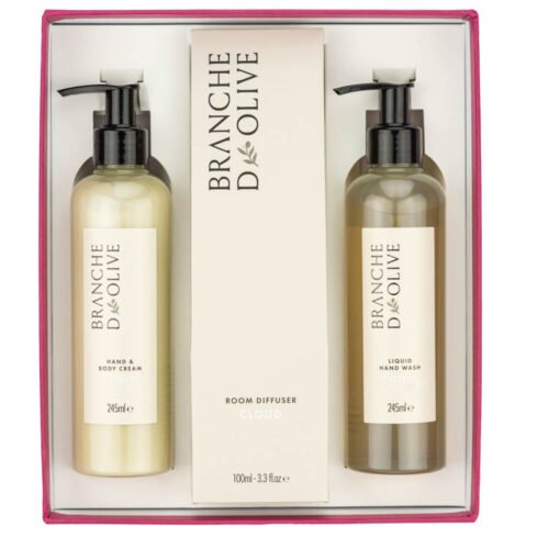 Branche d'Olive Cloud Room Diffuser, Liquid Hand Wash and Hand & Body Cream in a pink Gift Box
