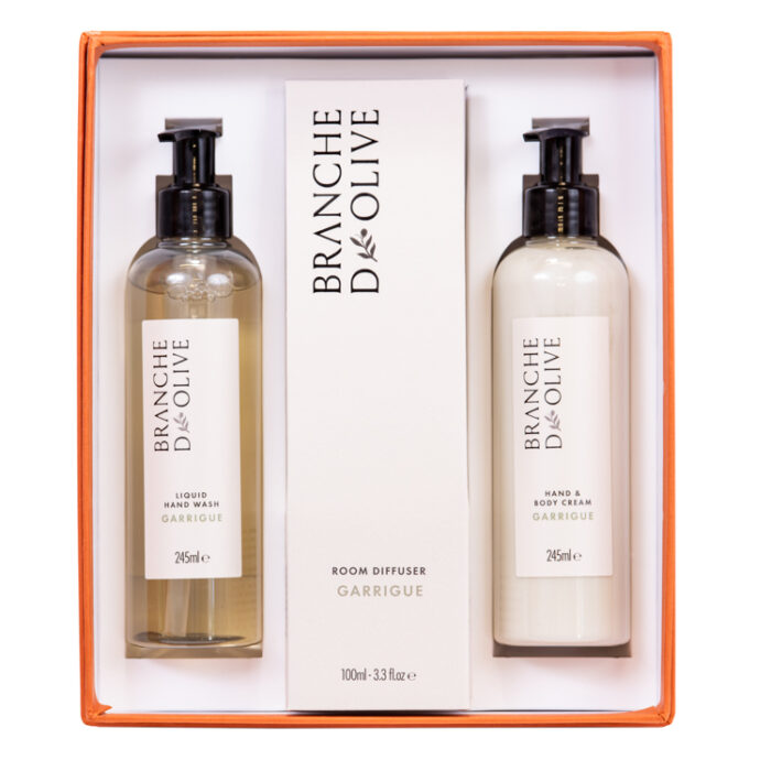 Branche d'Olive boxed set of a Garrigue diffuser shown with a Garrigue luxury hand wash and Garrigue luxury hand and body lotion in a terracotta box
