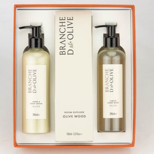 Branche d'Olive Olive Liquid Hand Wash, Hand & Body Cream and Room Diffuser in a beautiful orange gift box