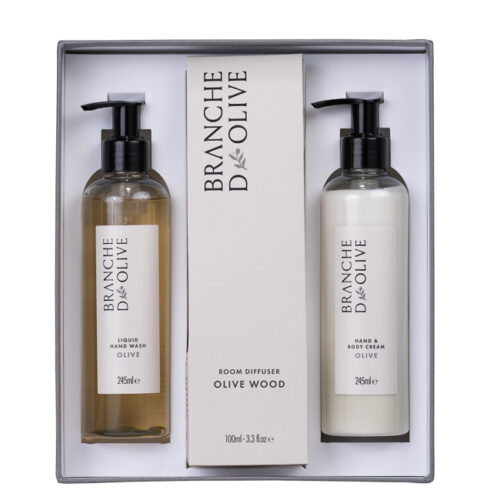 A Branche d'Olive open gift box with Olive Wood 100ml diffuser flanked by an Olive luxury hand wash and an Olive hand and body lotion.