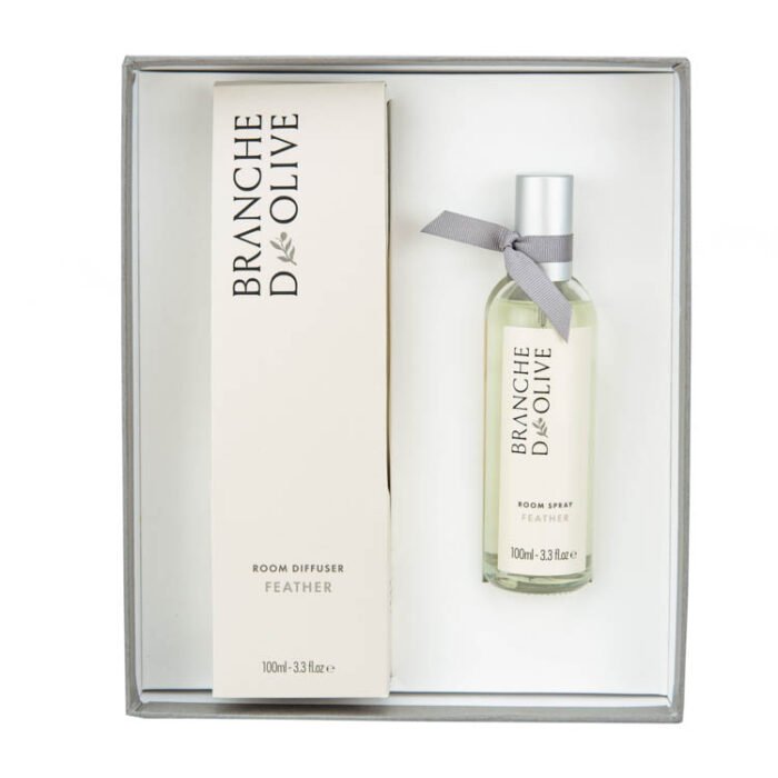 Branche d'Olive Fether Room Diffuser and Feather Room Spray Gift Box in Smoke coloured box