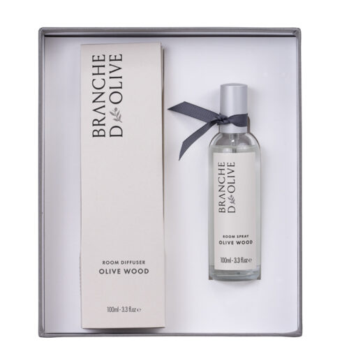 Grey gift box containing Olive Wood Room Diffuser 100ml and Olive Wood 100ml Room Spray.